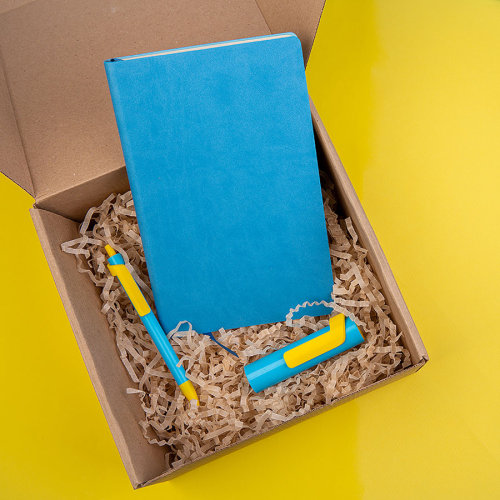 Набор COLORSPRING: аккумулятор, ручка, бизнес-блокнот, коробка со стружкой, голубой/желтый (голубой, желтый)